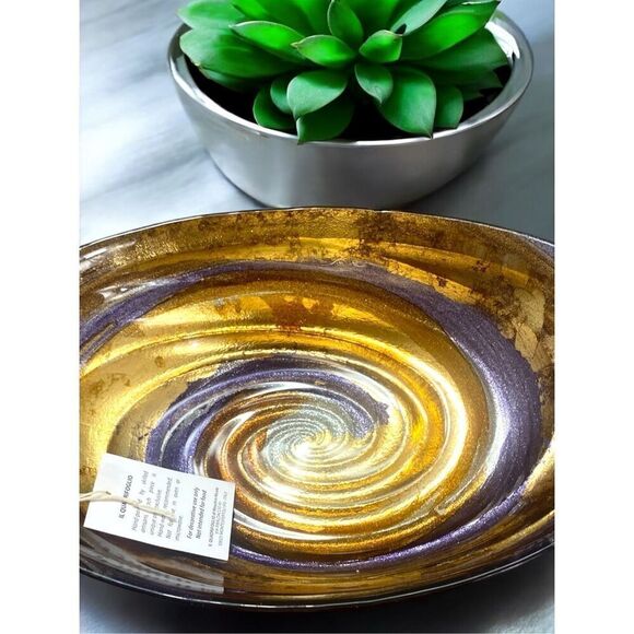 IL Quadrifoglio Swirl Art Oval Brown Purple Bronze Gold Glitter Italian Glass Bo - Picture 2 of 4